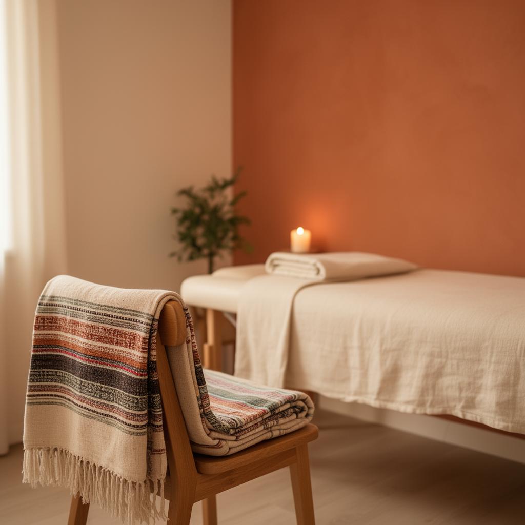 Ambiance du cabinet : tissu Rebozo plié sur une chaise en bois, table de soin habillée de lin écru, bougie allumée — Pôle santé MEDIC GLOBAL, Asnières-sur-Seine